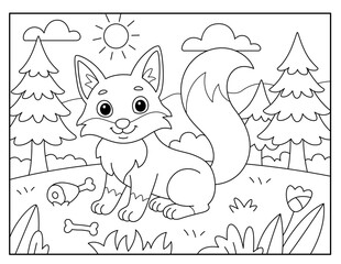 Fox Coloring Page for Kids – Playful Forest Animal Scene