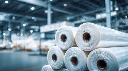 Large rolls of white polymer film for packaging stacked in a modern factory warehouse.
