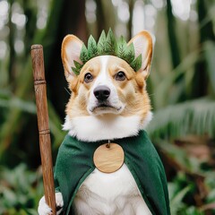 Obraz premium A corgi dressed as a forest druid with a leafy crown and green cloak stands holding a staff in a woodland setting.