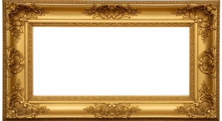 Ornate gold picture frame with intricate details and a black center for artwork display