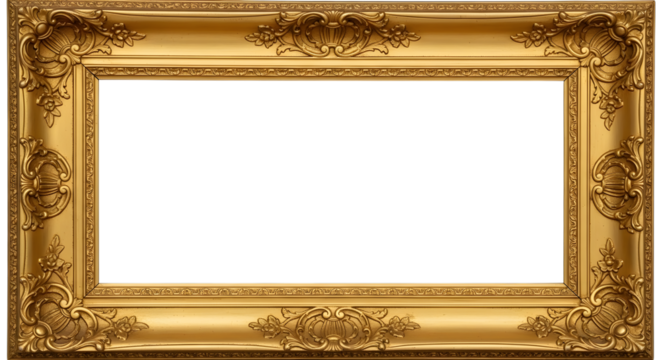 Ornate gold picture frame with intricate details and a black center for artwork display