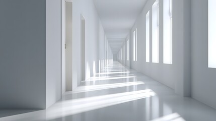 Obraz premium Long empty white corridor with bright sunlight from windows.