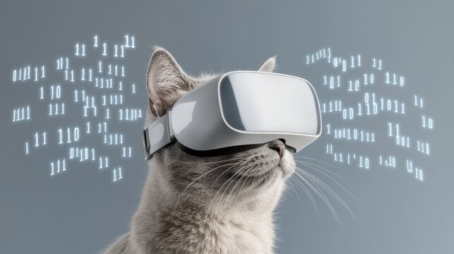 A gray cat wears a virtual reality headset, surrounded by floating binary code on a light gray background. - Powered by Adobe