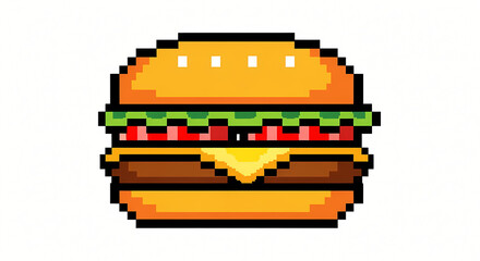 Classic Pixel Art Hamburger Icon: Retro 8-bit Style Fast Food Graphic Isolated on White Background