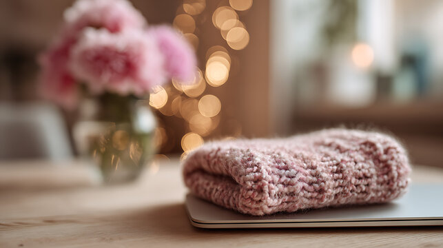Soft pink knitted fabric resting on a silver laptop image