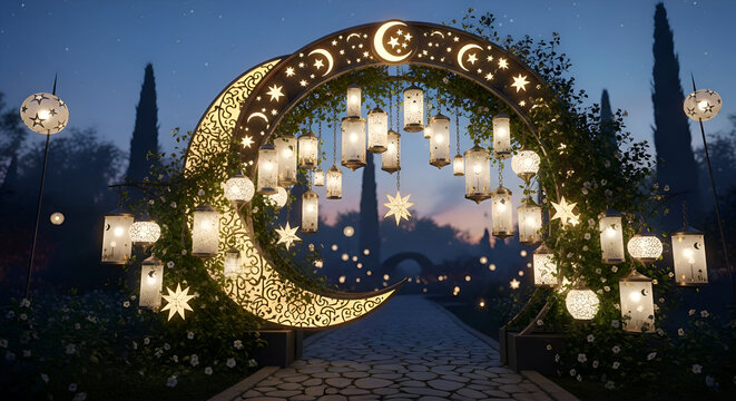 Magical crescent moon archway adorned with glowing lanterns and stars illuminating a pathway at dusk creating an enchanting ramadan or eid celebration atmosphere
