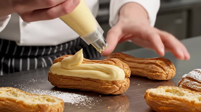 Chef Decorating Eclair With Cream, Professional Patisserie