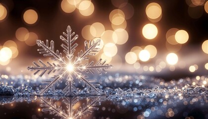 Fototapeta premium Sparkling crystal snowflake with a magical glow on an icy surface, surrounded by festive bokeh lights, capturing the essence of winter holiday joy