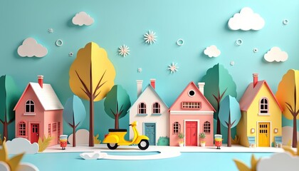 Paper cut out town scene with colorful houses trees and scooter. Little figures stand on street under cartoon clouds sky. Bright cheerful neighborhood illustration.