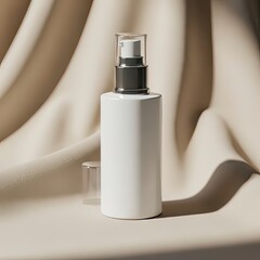 A white cosmetic bottle with a black pump sits against a draped beige fabric backdrop, casting soft shadows.