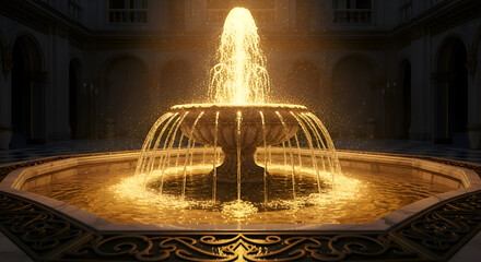 Majestic ornate fountain illuminated by warm golden light in a dark courtyard creating a magical and enchanting atmosphere with water cascading beautifully