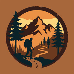 Vintage logo badge of person male trail hiking backpacker mountain pine forest and lake river with backpack. Rustic outdoor retro old emblem editable vector illustration © SeptinaTri