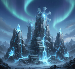 Mystical Futuristic Ice Fortress or Crystal Citadel Illuminated by Blue Neon Energy Flow and Northern Lights in a Snowy Fantasy Landscape Digital Painting