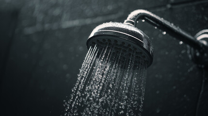 Close-up of water streaming from a chrome shower head in black and white