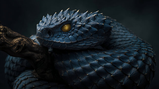 Spiky blue serpent with golden eye coiled on dark branch blue snake spiky scales