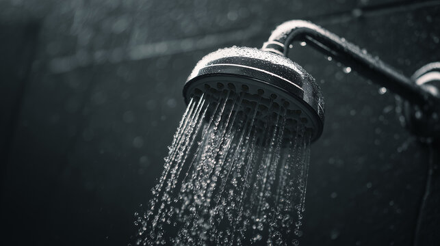 Close-up of water streaming from a chrome shower head in black and white