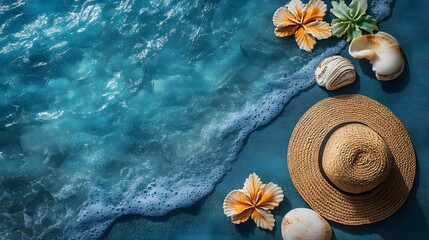 Beautiful beach scene with seashells and a straw hat on the sandy shore during a sunny day