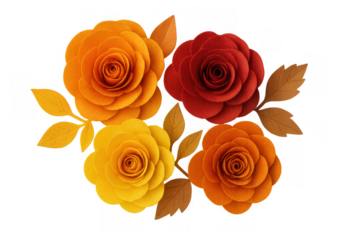 Autumn paper roses bouquet arrangement on transparent background, decorative craft and scrapbooking element