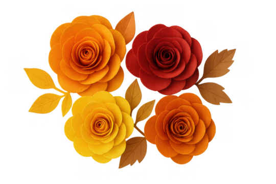 Autumn paper roses bouquet arrangement on transparent background, decorative craft and scrapbooking element