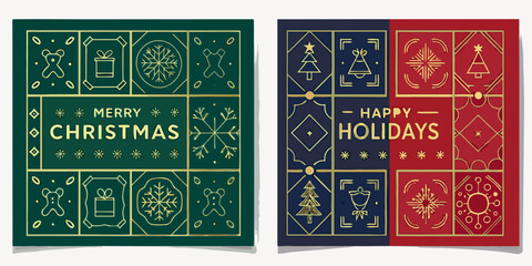 Elegant christmas and holiday cards with geometric gold designs