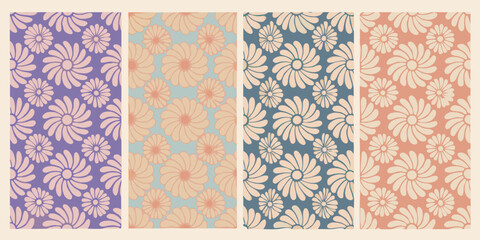 Four retro floral patterns in different pastel colors and backgrounds