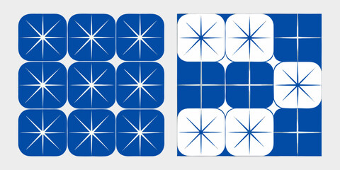 Geometric star pattern in blue and white with rounded square shapes