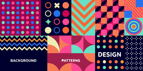 Vibrant geometric pattern collage with retro modern design elements