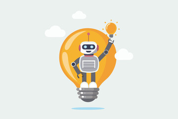 Robot with lightbulb idea standing on a larger lightbulb