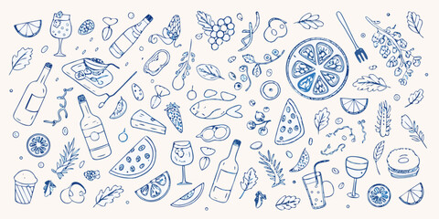 Hand drawn food and drink doodle pattern in blue ink