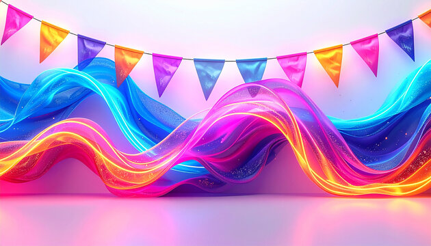Neon Celebration in Motion: A Festive Fusion of Pennant Flags and Glowing Ribbons, Captured in a Vivid Abstract Scene of Color, Energy, and Artistic Joy in Cinematic 4K Detail