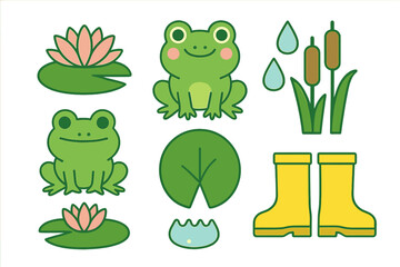 Cute cartoon frogs, water lilies, cattails, raindrops, and yellow rubber boots for pond life