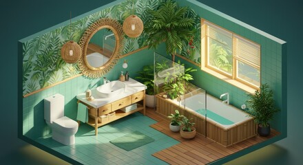 Isometric bathroom interior with plants and natural light illustration
