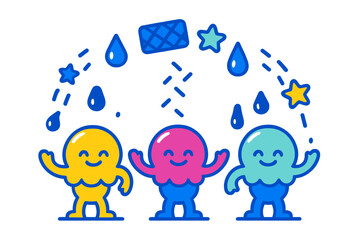 Three happy colorful cartoon characters standing under falling rain and stars