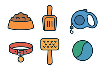 Essential pet care accessories set including food bowl leash collar and grooming brush