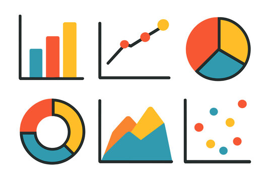 Colorful collection of six data charts and graphs for business analytics including bar, line, pie, and area plots