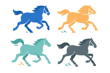 Four colorful stylized horses galloping in motion isolated on a white background