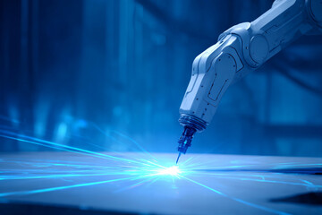 Robotic arm utilizes laser technology for precise cutting in industrial environment