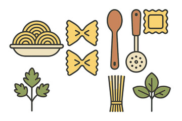 Assortment of different pasta types, kitchen tools, and fresh culinary ingredients