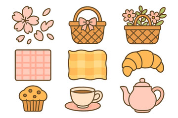 Collection of cute spring picnic and tea time elements including food, drink, baskets, and flowers