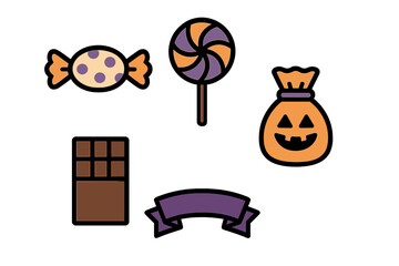 Halloween treats including wrapped candy, lollipop, chocolate bar, and pumpkin bag