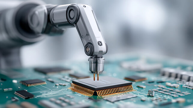 A robotic arm skillfully places a microchip onto a circuit board in a high-tech electronics factory, showcasing automation in modern manufacturing processes