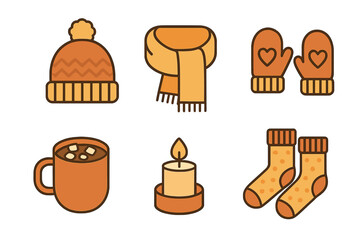 Cozy winter essentials collection featuring knitted hat, scarf, mittens, hot cocoa, candle, and warm socks