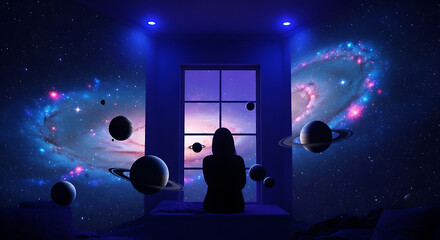 Dreamy cosmic room with a girl silhouette gazing out the window into space exploration