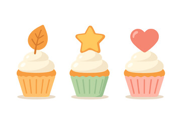 Three colorful sweet cupcakes decorated with whipped cream and various toppers