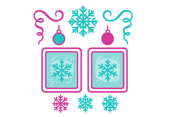 Bright pink and teal winter holiday decoration elements including snowflakes and ornaments