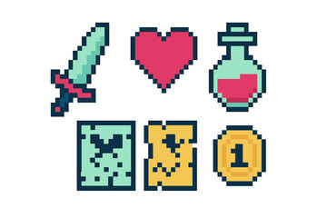 Obraz premium Retro pixel art video game items collection featuring sword, heart, potion, map, and coin