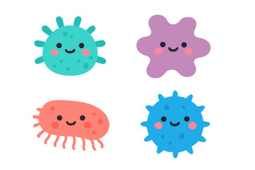 Smiling cartoon microorganisms set including bacteria, virus, and amoeba shapes