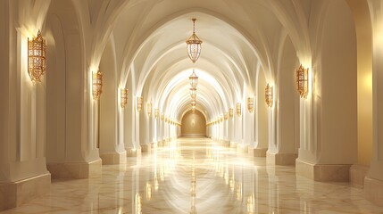 Luxurious palace corridor with repeating arches and golden light.