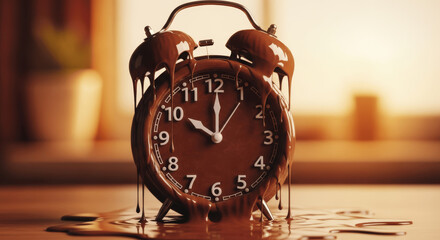 Vintage alarm clock covered in thick, melting chocolate with drips and pooled base, clock face showing 10:00, soft natural indoor lighting, warm diffused background, creative food art, whimsical conce