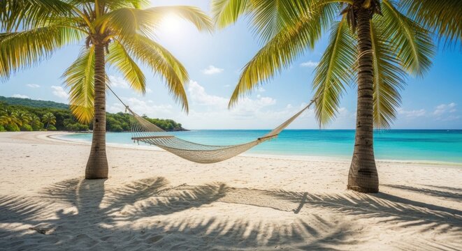 A hammock hanging between two palm trees on a tropical beach with a clear blue sky and turquoise water.